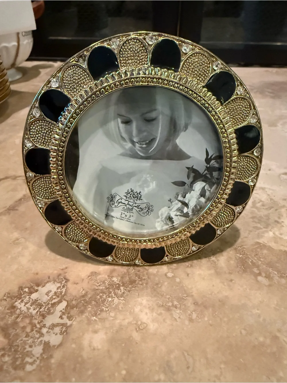 Round Photo Frame Jeweled Gold/Silvertone Rhinestone 3x3 Green Tree Gallery